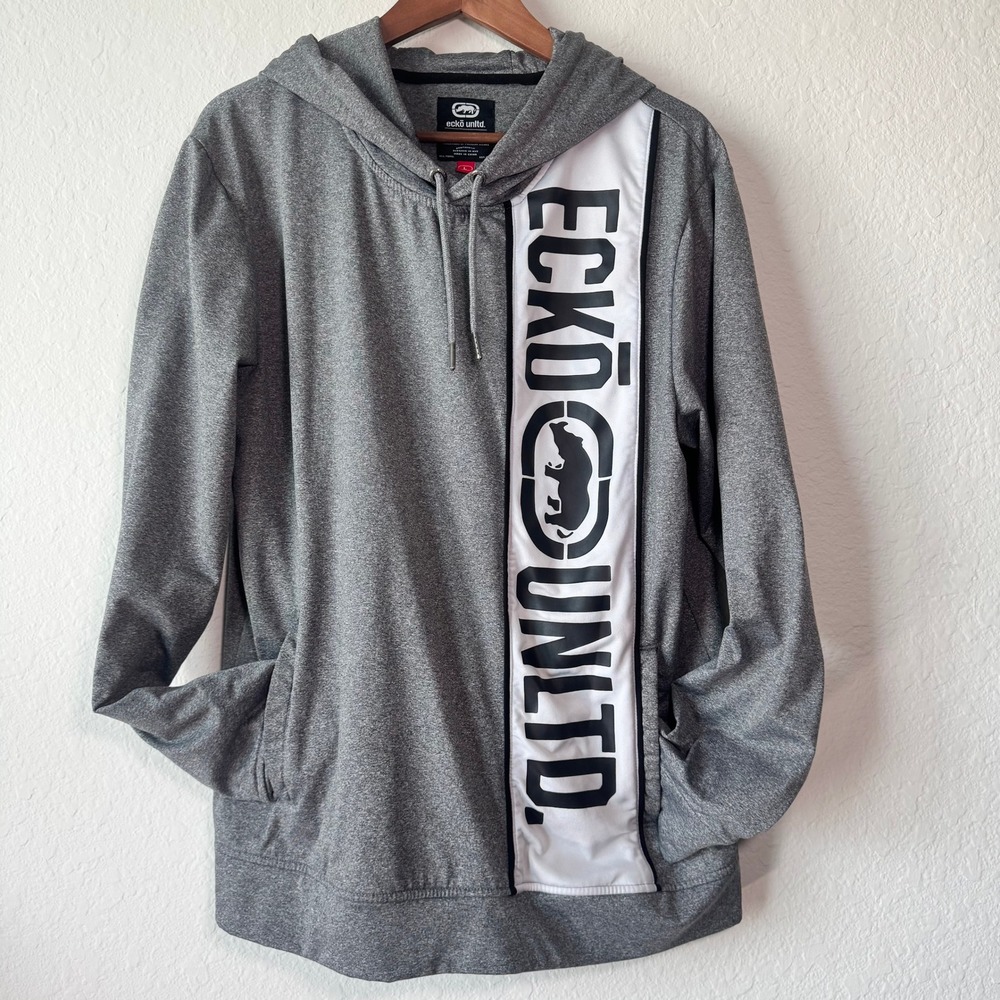 Ecko Unltd Mens L Heather Gray Performance Hoodie Vertical Logo Stripe Pullover
